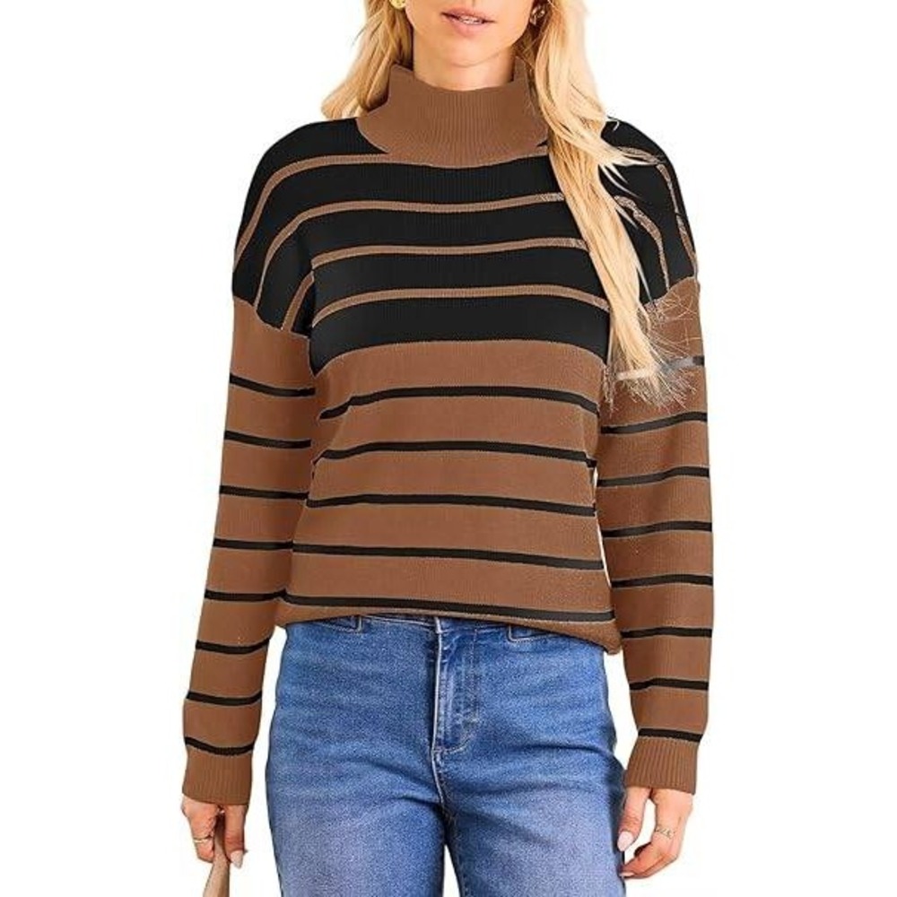 Dokotoo Womens Mock Neck Batwing Sleeve Sweater Striped Sweater Fall Color Block